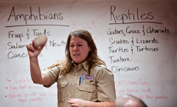 Binder Park Zoo�s Amanda Bailiff shows a representation of a reptile egg at Knee High Naturalists. 