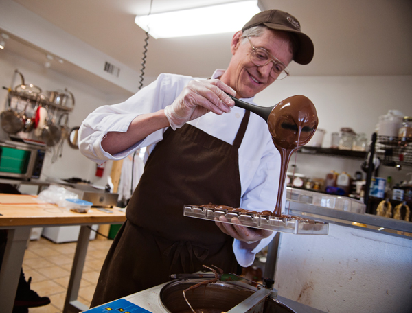 Dale Anderson creates chocolate molds at Confections with Convictions