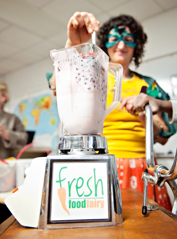 The Fresh Food Fairy blends up some smoothies at Northglade Montessori Magnet School.