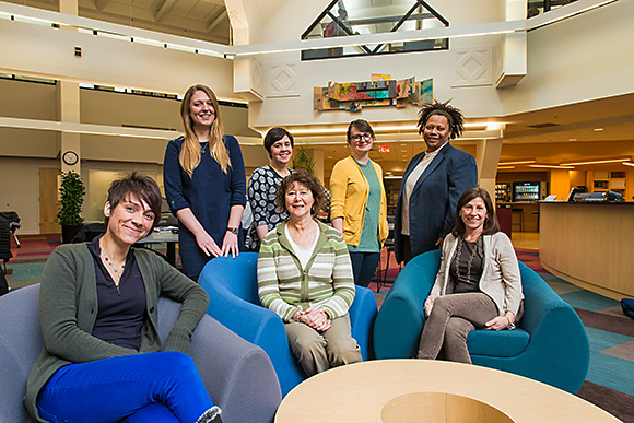 L to R Back Row: Teague Simonic, Annie Kennedy, Emma Rector, Stacy Peterson Front Row: Zoe Zulakis, Susan Wiant Crabb, Lisa Kelley at the U of M School of Social Work
